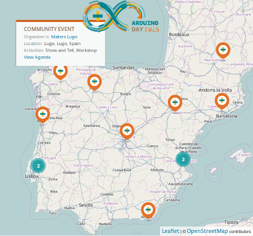 Mapa de celebracións do Arduino Day 2015 en España