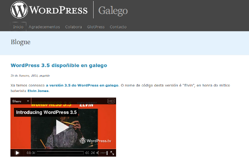 Anuncio da versión 3.5 en galego no blogue da comunidade galega de WordPress