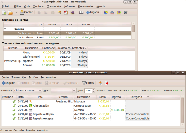 Xanela principal amosando contas e transaccións automáticas e xanela de transaccións Xanela principal amosando contas e transaccións automáticas e xanela de transaccións