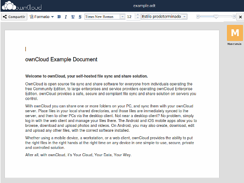 Captura de pantalla de uso de Documentos owncloud