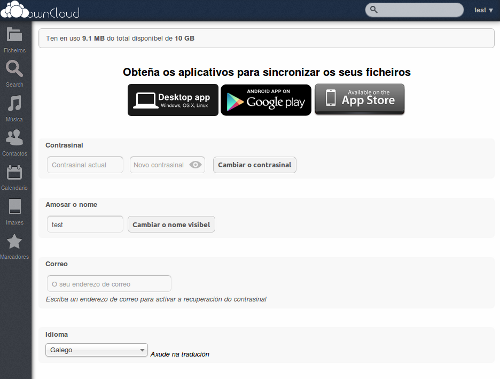 Captura de owncloud en galego Captura de owncloud en galego