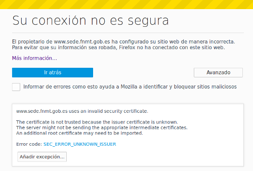 Captura do erro de conexión non segura Captura do erro de conexión non segura